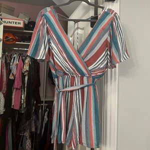 pink, blue and purple striped romper. short sleeve with tie around waist. size M